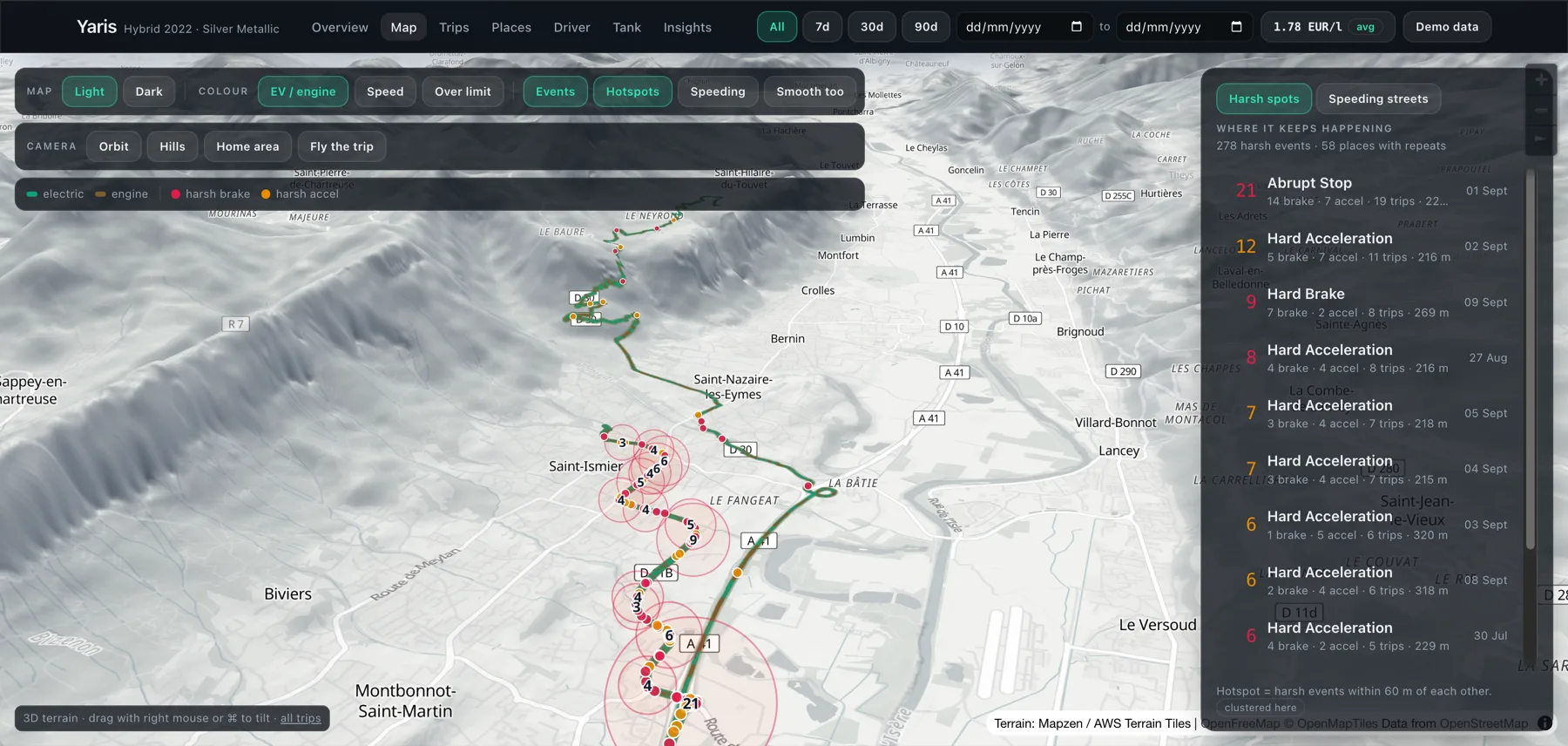 Every trip drawn on 3D terrain, harsh braking and acceleration marked, the places they repeat ranked beside them.