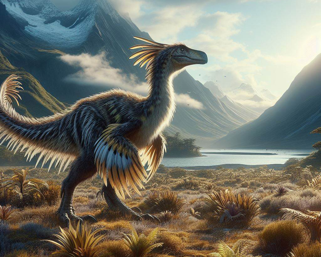 Vinícius Mesquita / DALEE - theropod, jurassic landscape, digital art, hight quality