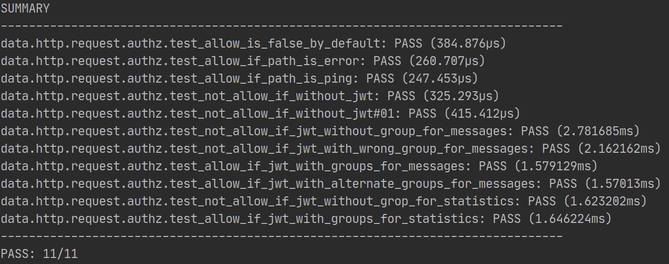 Example testRego output