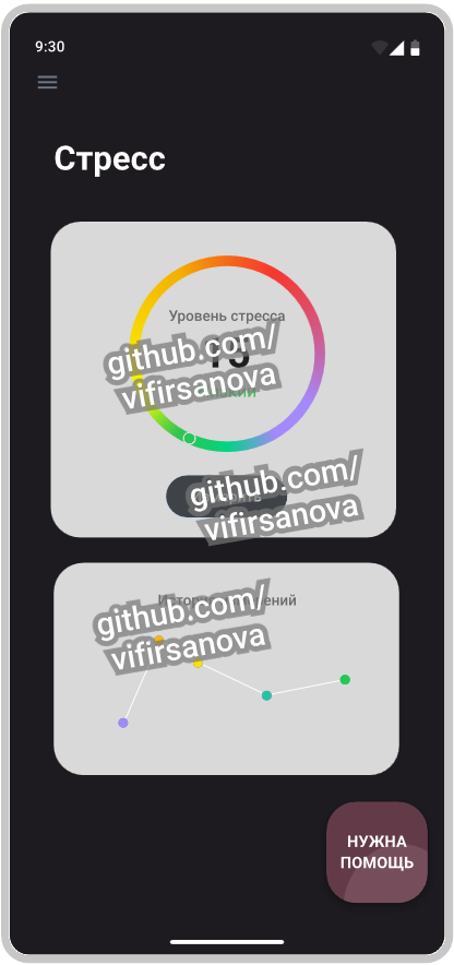 Образец экрана мобильнго приложения Трекер. На экране индикатор текущего уровня стресса после измерения с помощью умных часов и отметки о предыдущих замерах с результатами.
