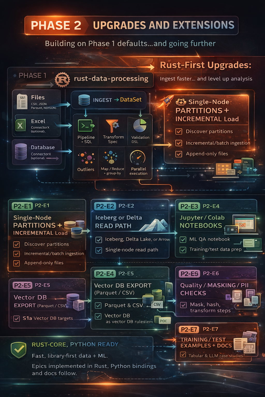 Phase 2 scope: Phase 1 baseline plus export, privacy, Arrow, incremental ETL → Python; JVM planned