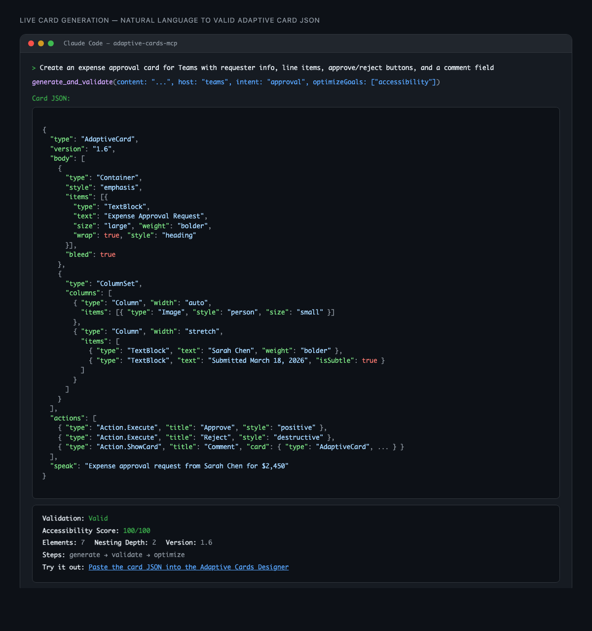 generate_card producing a leave approval card for Teams