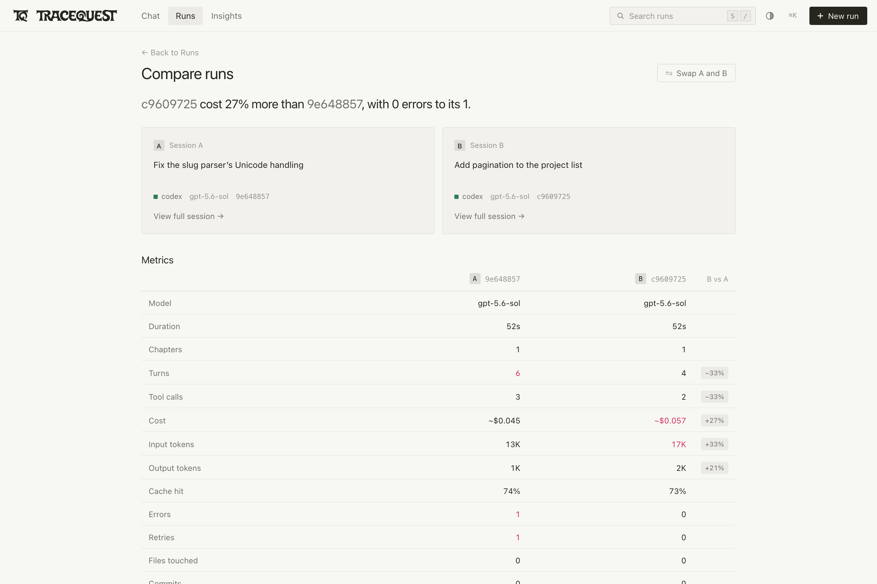 Two Codex sessions side by side: duration, turns, tool calls, tokens, cache hits, errors and retries