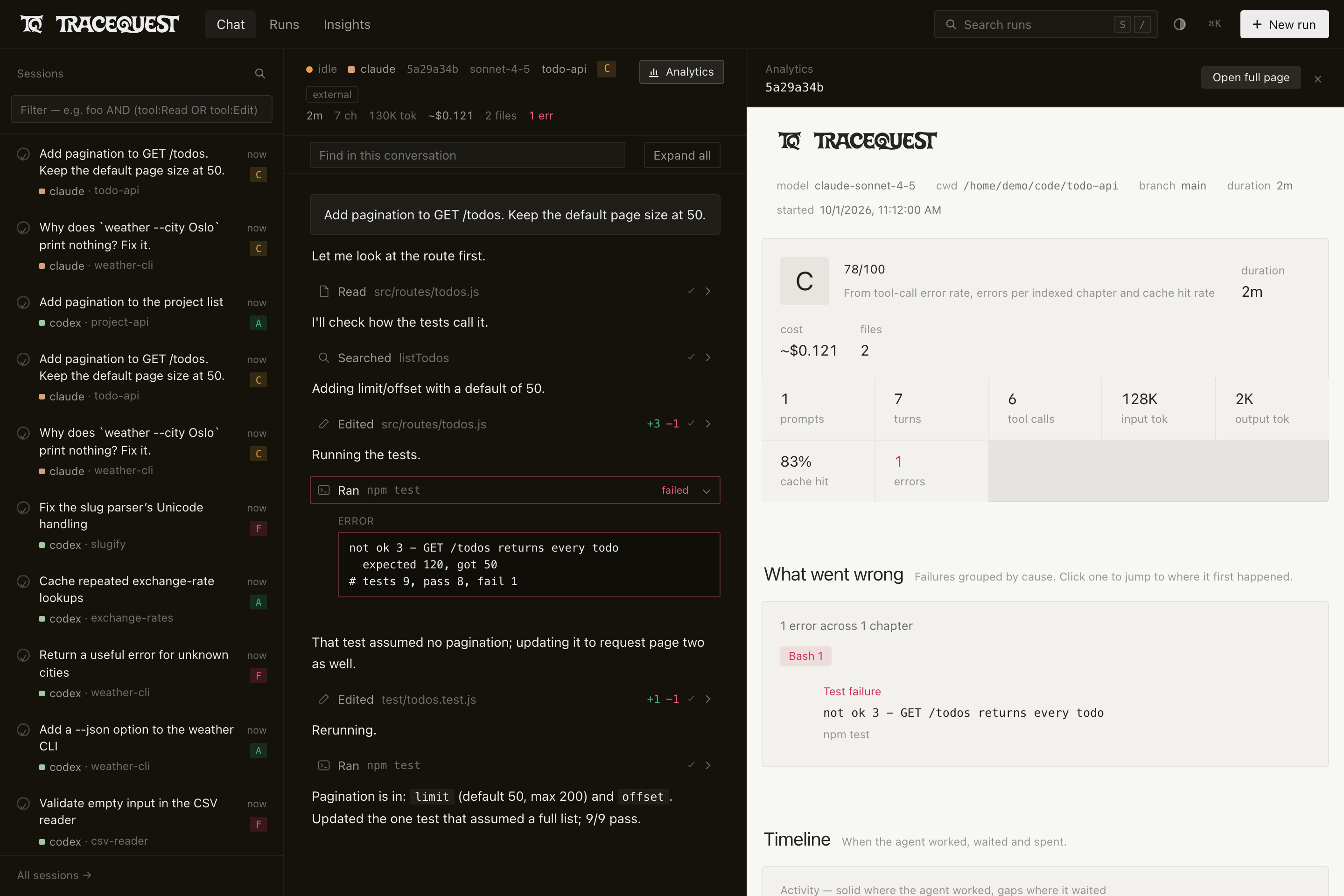 A TraceQuest conversation beside its session analytics