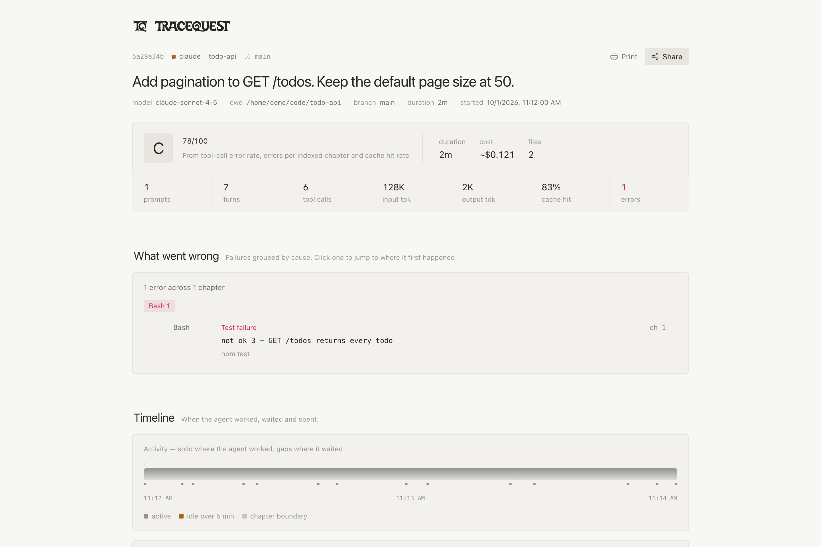 A standalone HTML session report with Print and Share buttons