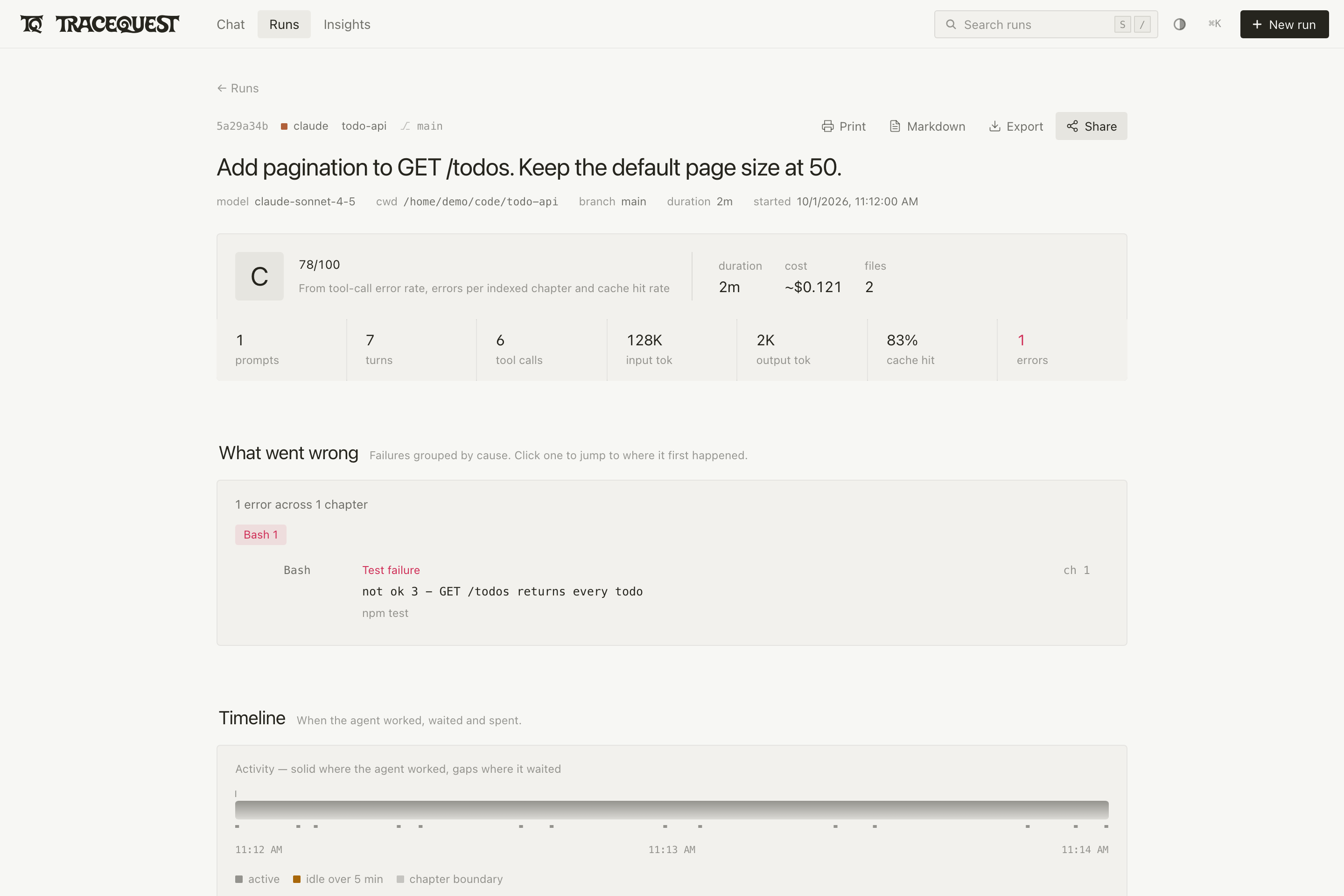 A session's activity timeline and per-turn token chart, with chapter markers and a tool error
