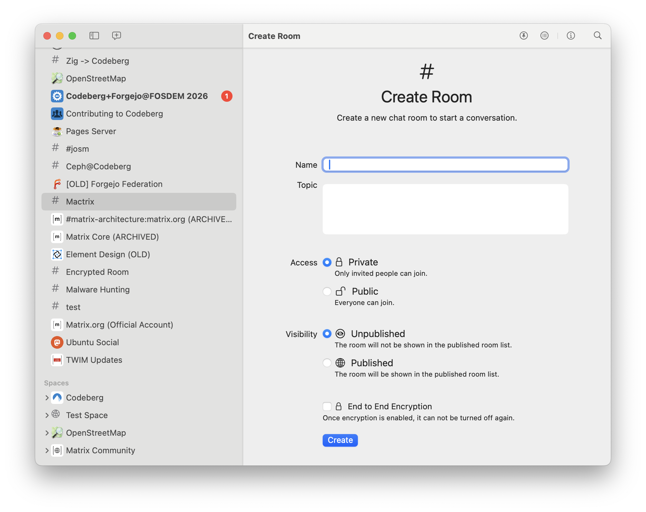Screenshot of room creation page
