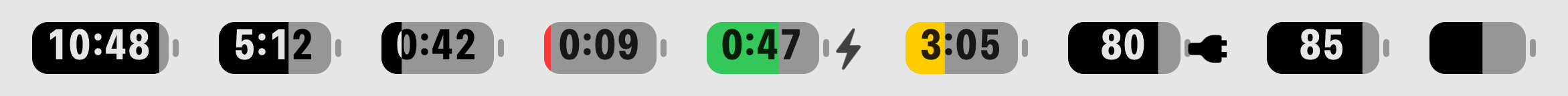 The Battery Strip menu bar battery showing time remaining at different charge levels, while charging, in Low Power Mode, plugged in, as a percentage and plain