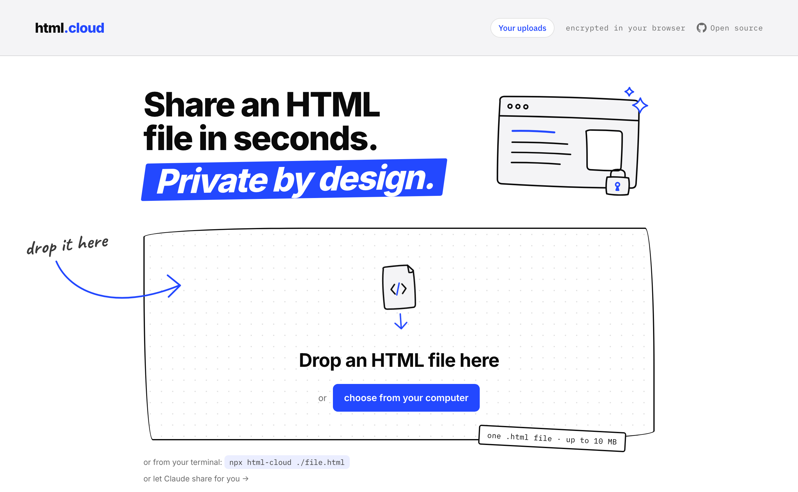 The html.cloud homepage: drop an HTML file, get a private share link