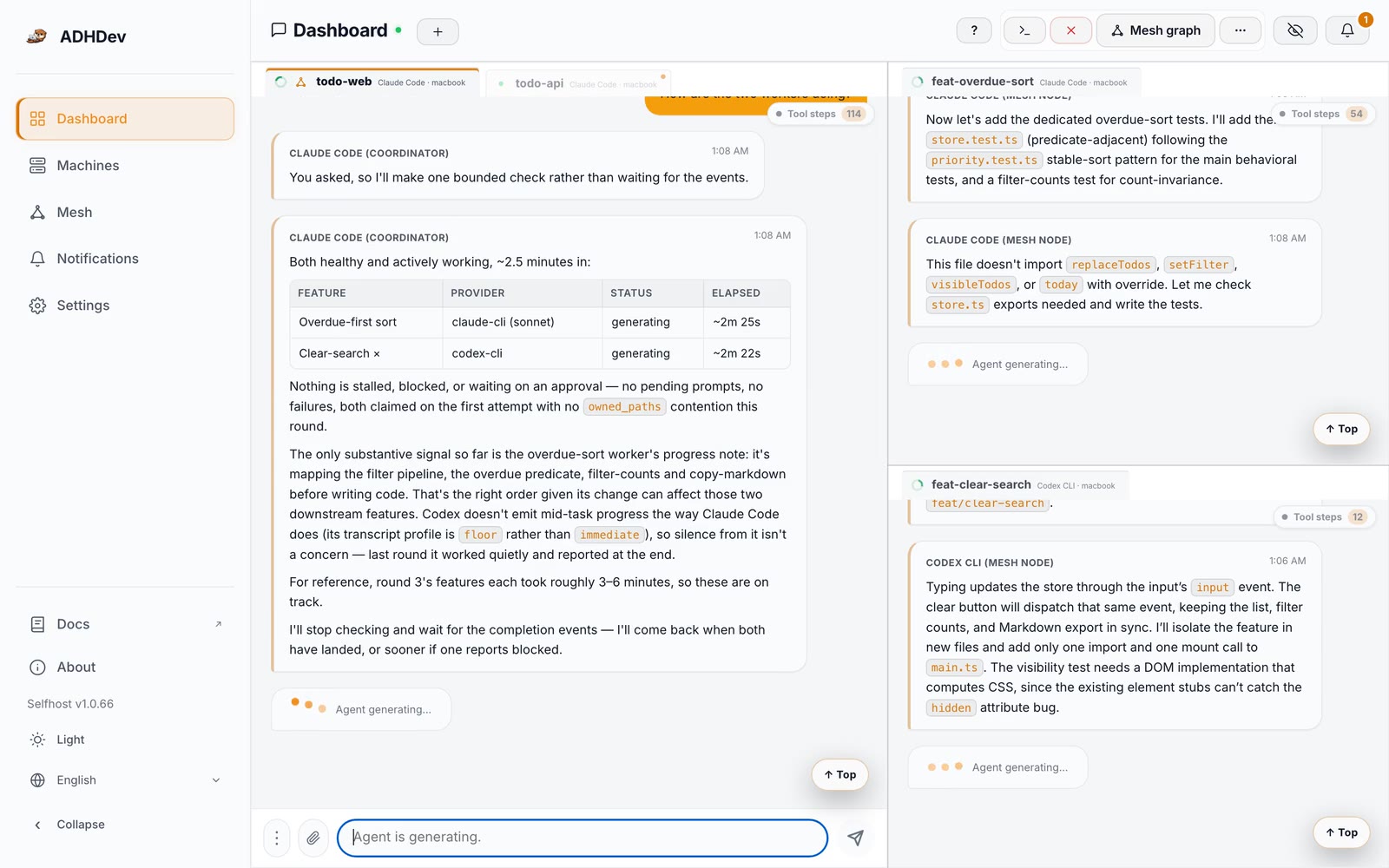 ADHDev desktop dashboard: a mesh coordinator answering with a status table while a Claude Code worker and a Codex worker build two features side by side