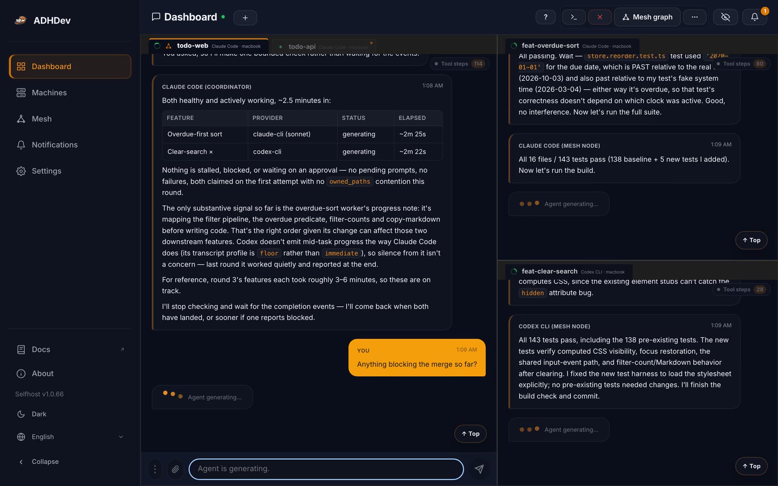 ADHDev desktop dashboard in dark mode: the coordinator's chat next to two worker sessions, each on its own git worktree branch