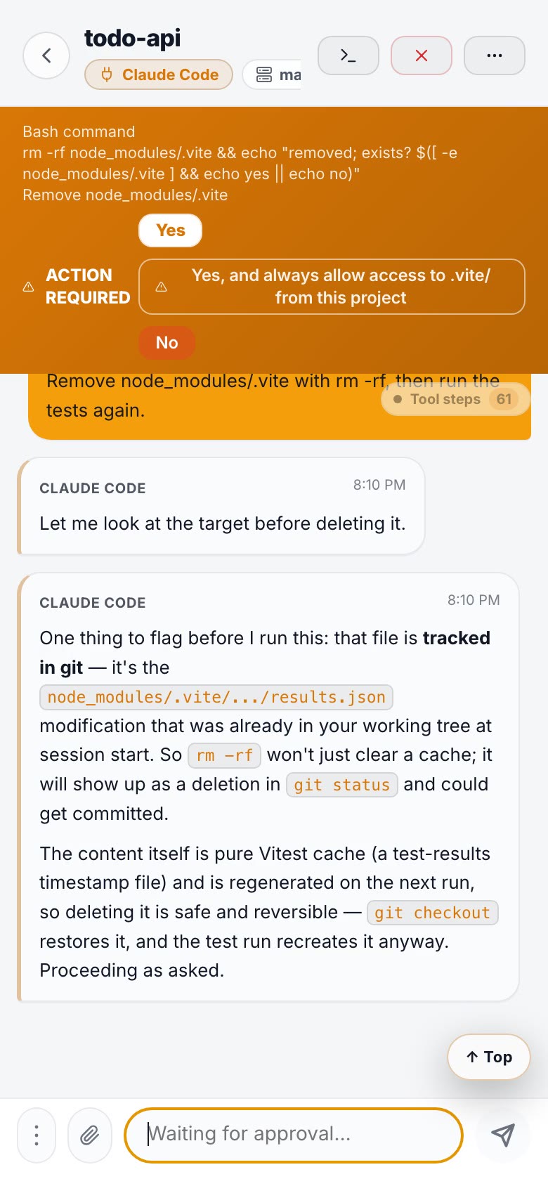 ADHDev approval banner on a phone showing the exact rm -rf command Claude Code wants to run, with Yes / always allow / No