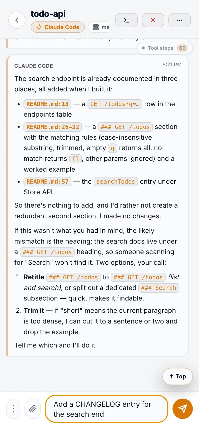 ADHDev on a phone: reading an agent's answer and typing the next instruction to it