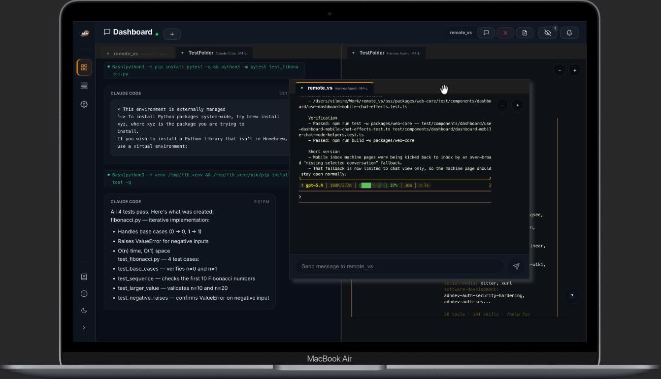 ADHDev desktop dashboard switching between chat and terminal views, floating a panel, and splitting the workspace