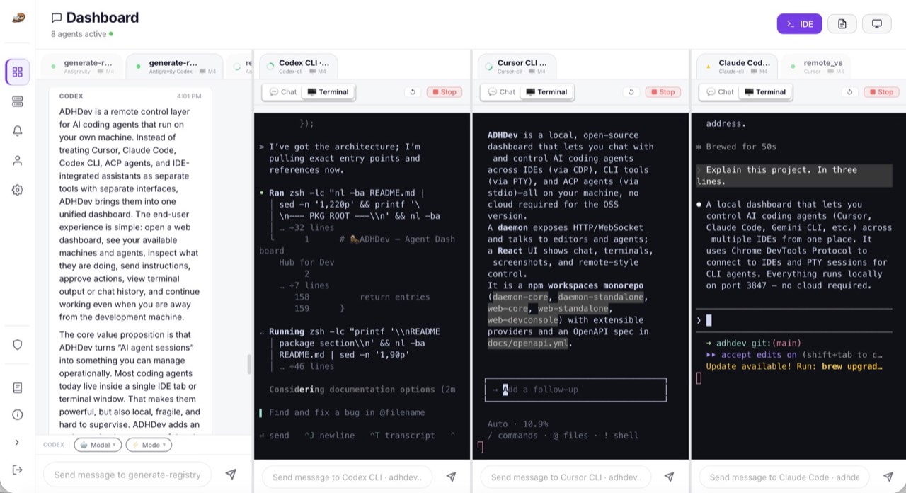 ADHDev desktop session detail view showing chat, code, and terminal state together