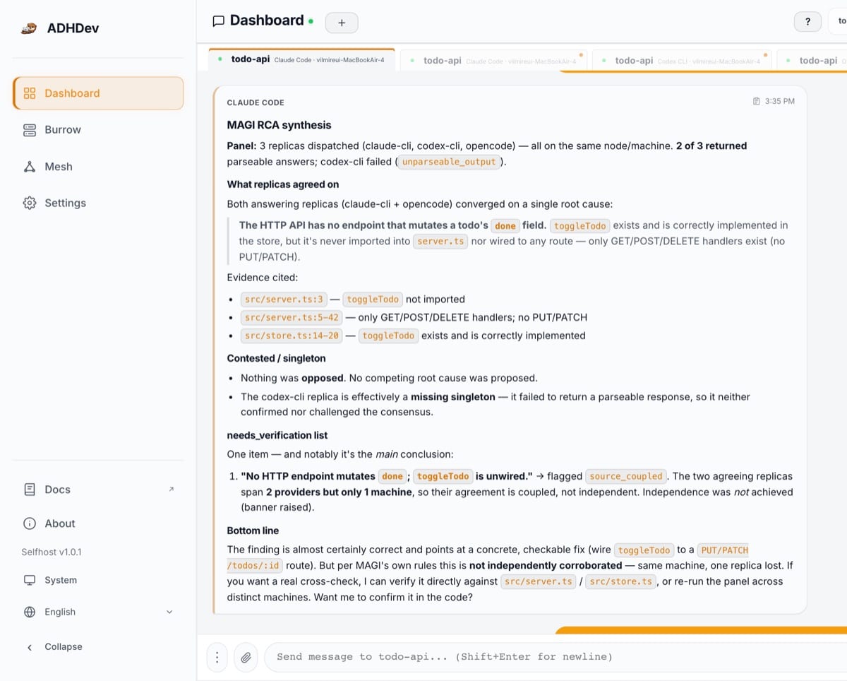 ADHDev MAGI synthesis view — a coordinator reconciles three independent agent replicas, showing what they agreed on, what was contested, and which claims still need verification