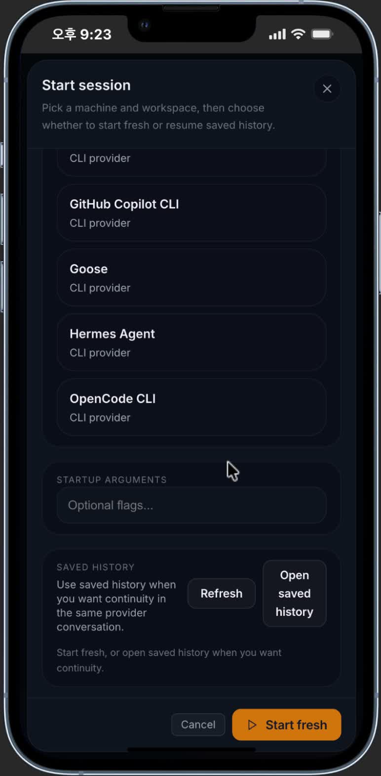 ADHDev mobile resume flow reopening a saved session from a phone