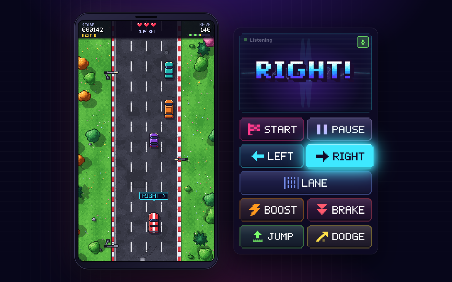 The game with the voice panel: the RIGHT tile lights up after the player said "go right"
