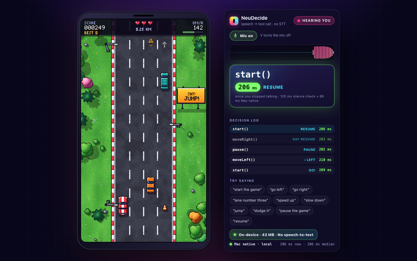 Developer panel with ?dev=1: each decision with its latency, the decision log and phrases to try