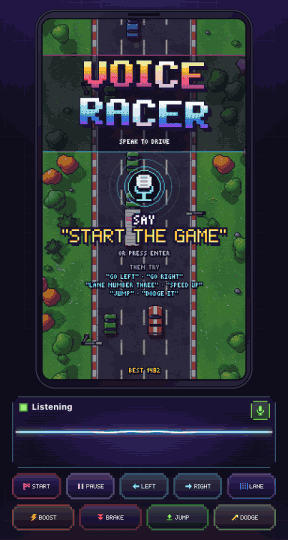 Voice Racer driven by six spoken commands: start the game, go left, speed up, jump, go right and slow down. Each phrase is captioned at the top, the car reacts, and the matching command tile lights up under the game