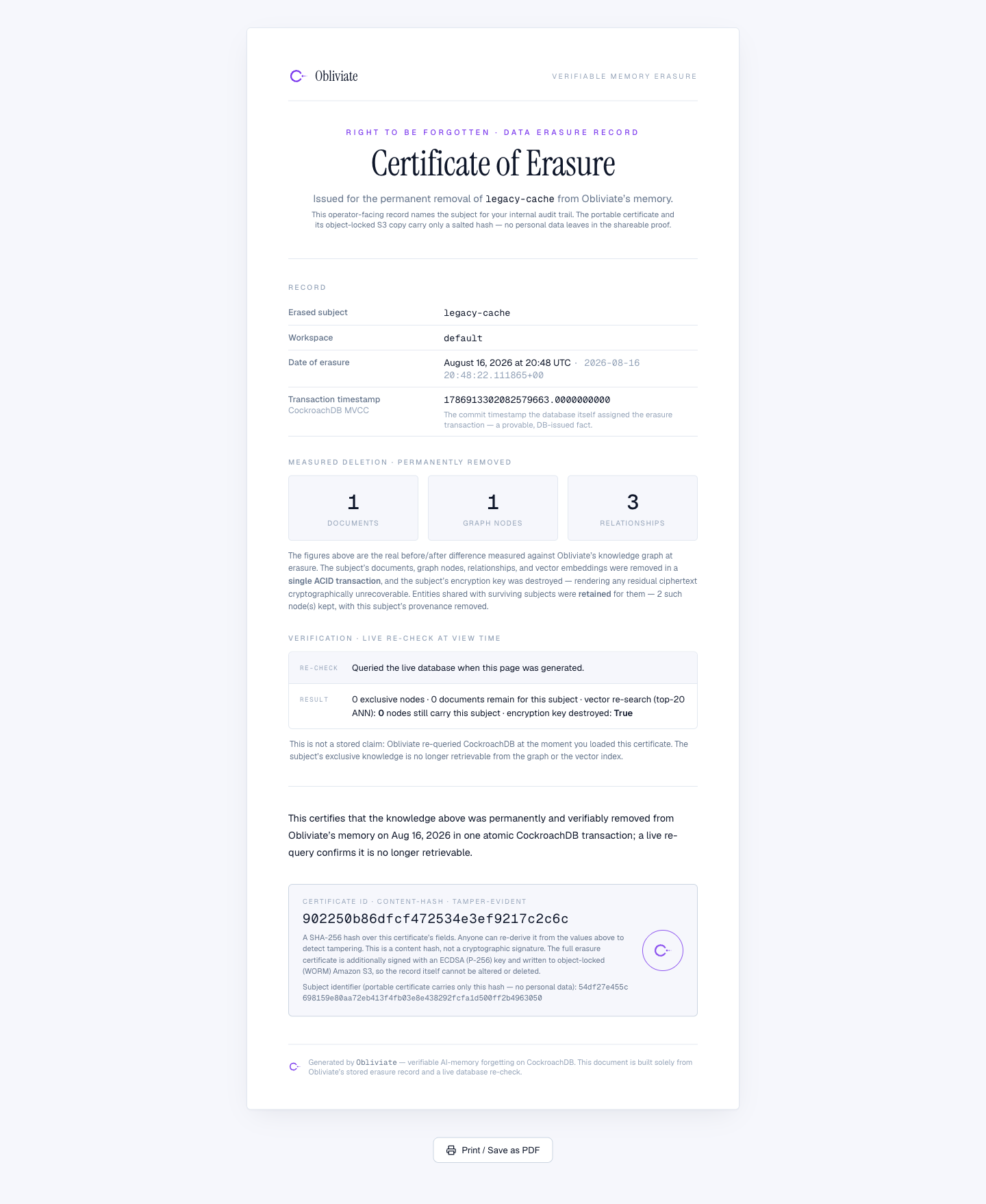 Certificate of Erasure