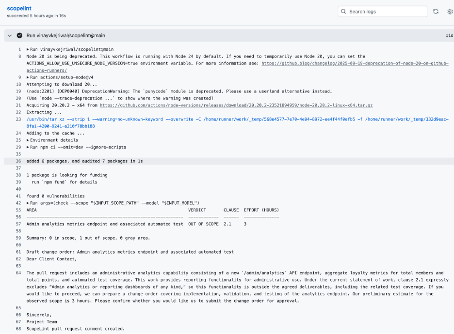 ScopeLint running automatically in GitHub Actions