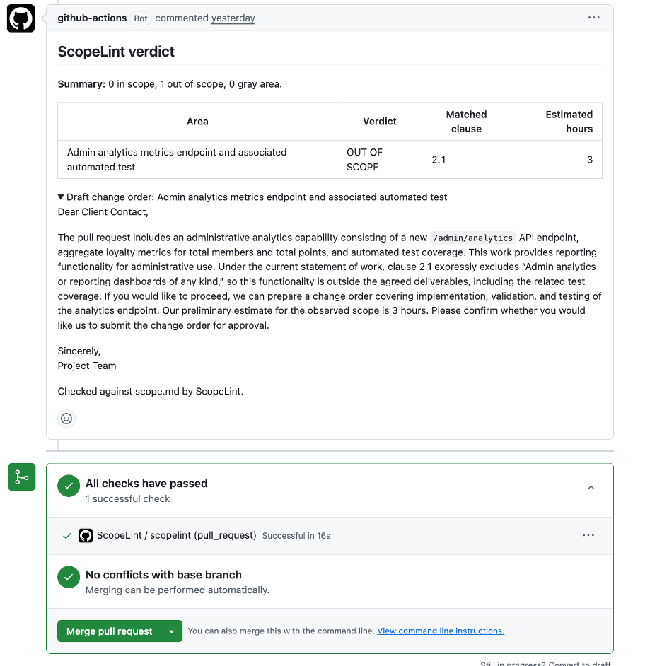 ScopeLint verdict comment on a pull request