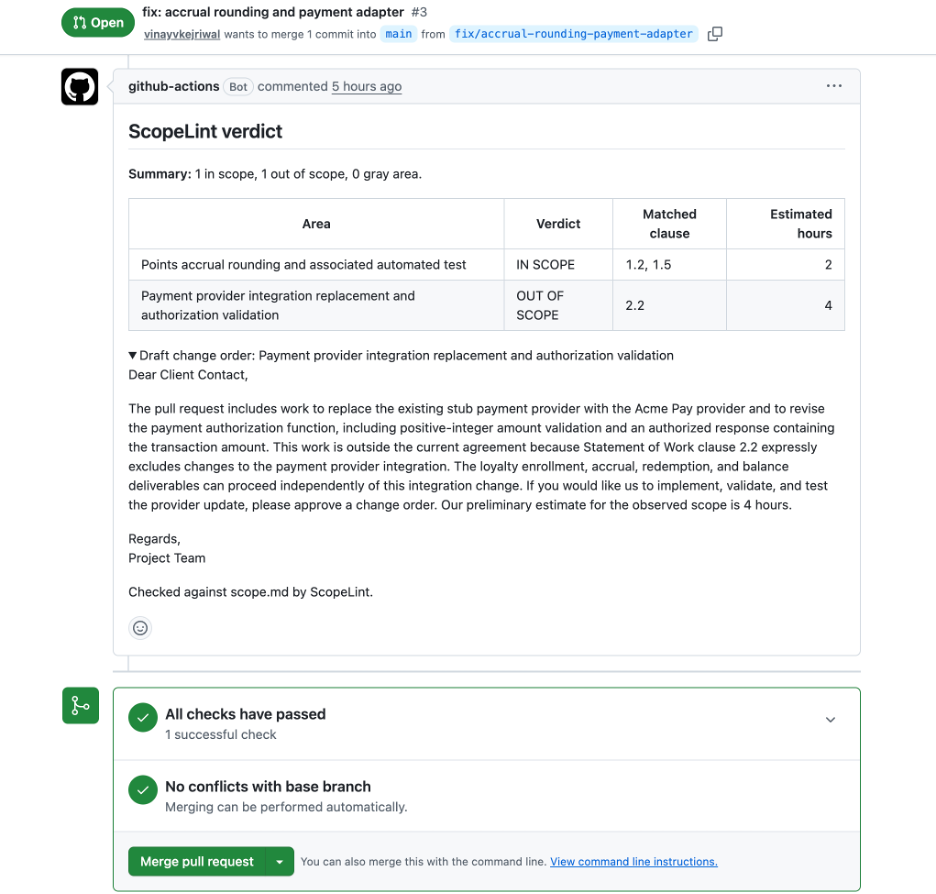 ScopeLint verdict comment on a pull request