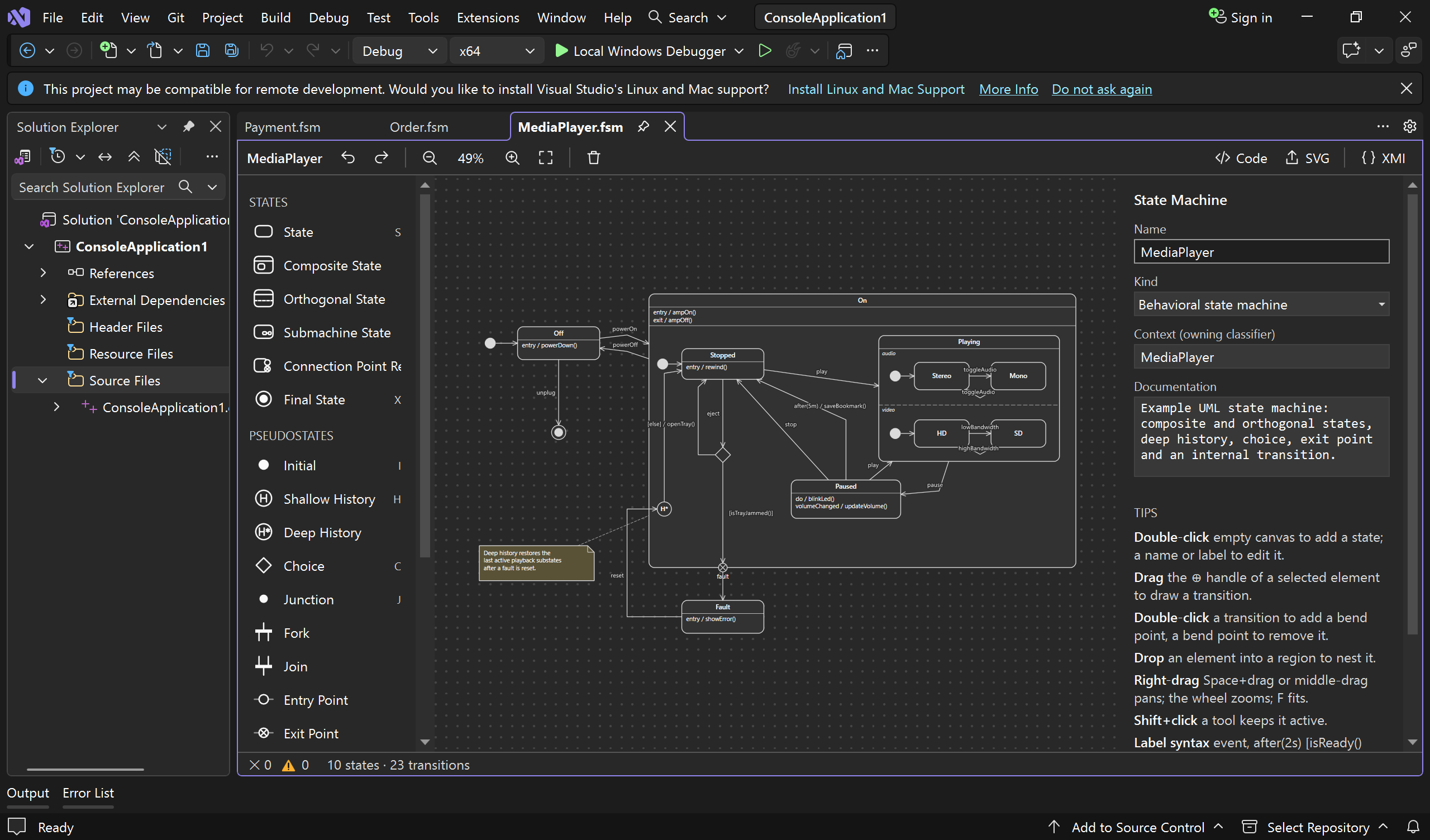 The FSM Editor in Visual Studio showing a media player state machine with composite and orthogonal states, the toolbox on the left and the properties panel on the right