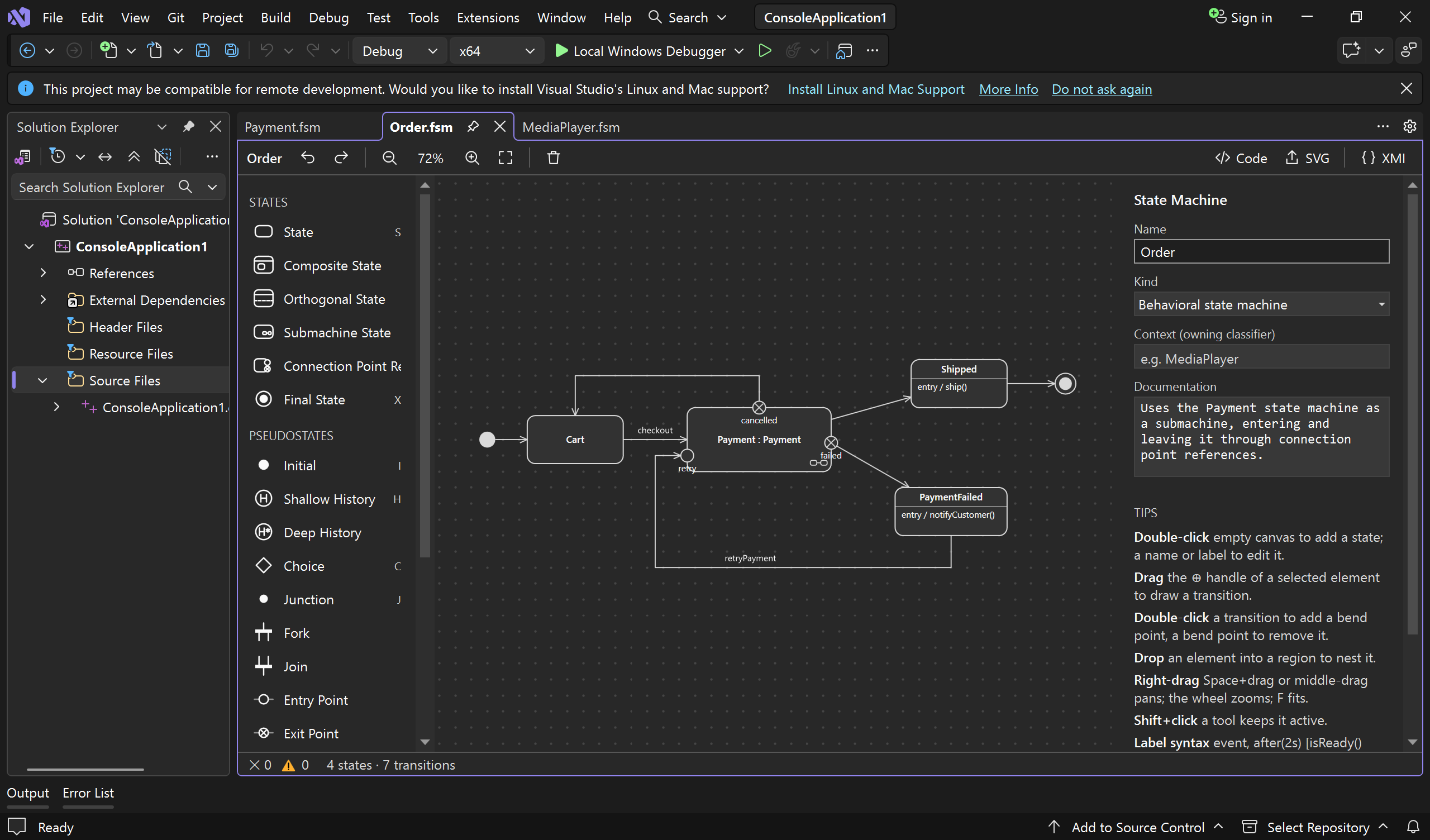 The Order state machine, whose submachine state Payment is entered through the retry connection point reference and left through failed and cancelled