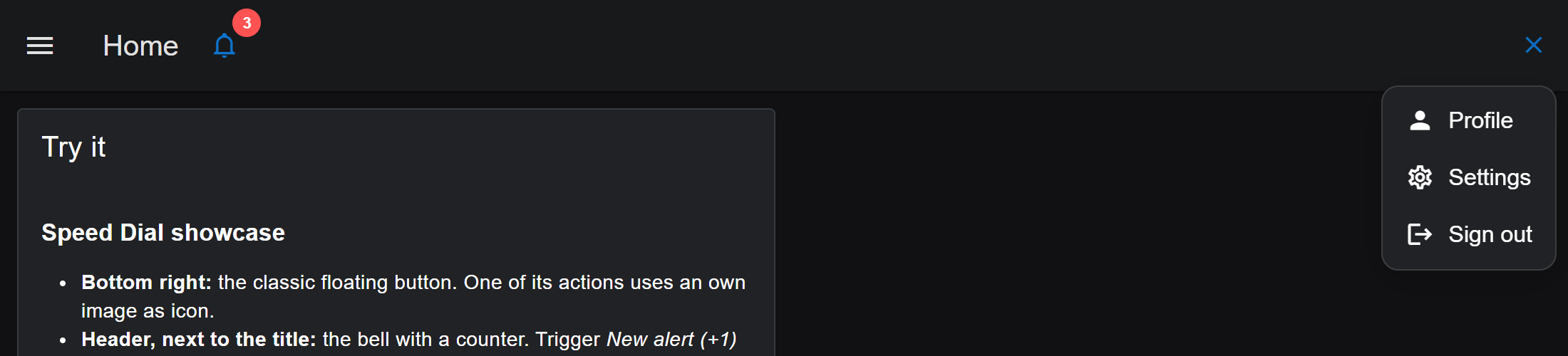 In the header: a bell with a counter next to the page title, and an account menu in the menu list style on the right