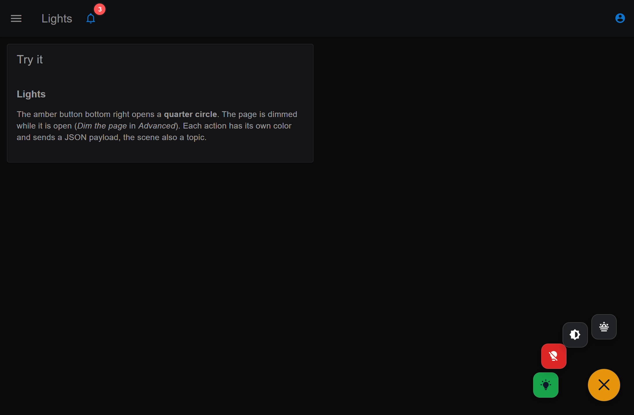 A quarter circle with colored actions; the page is dimmed while the menu is open