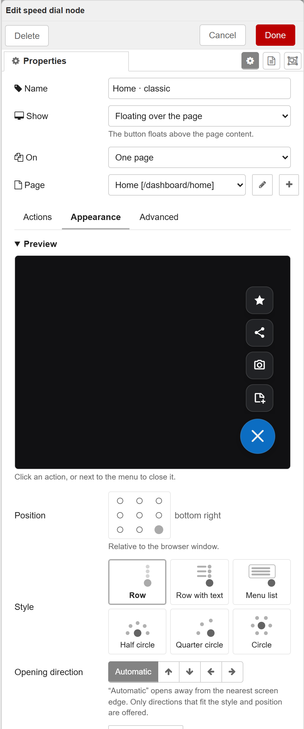 The Appearance tab: live preview with the open menu, position grid, style cards and opening direction