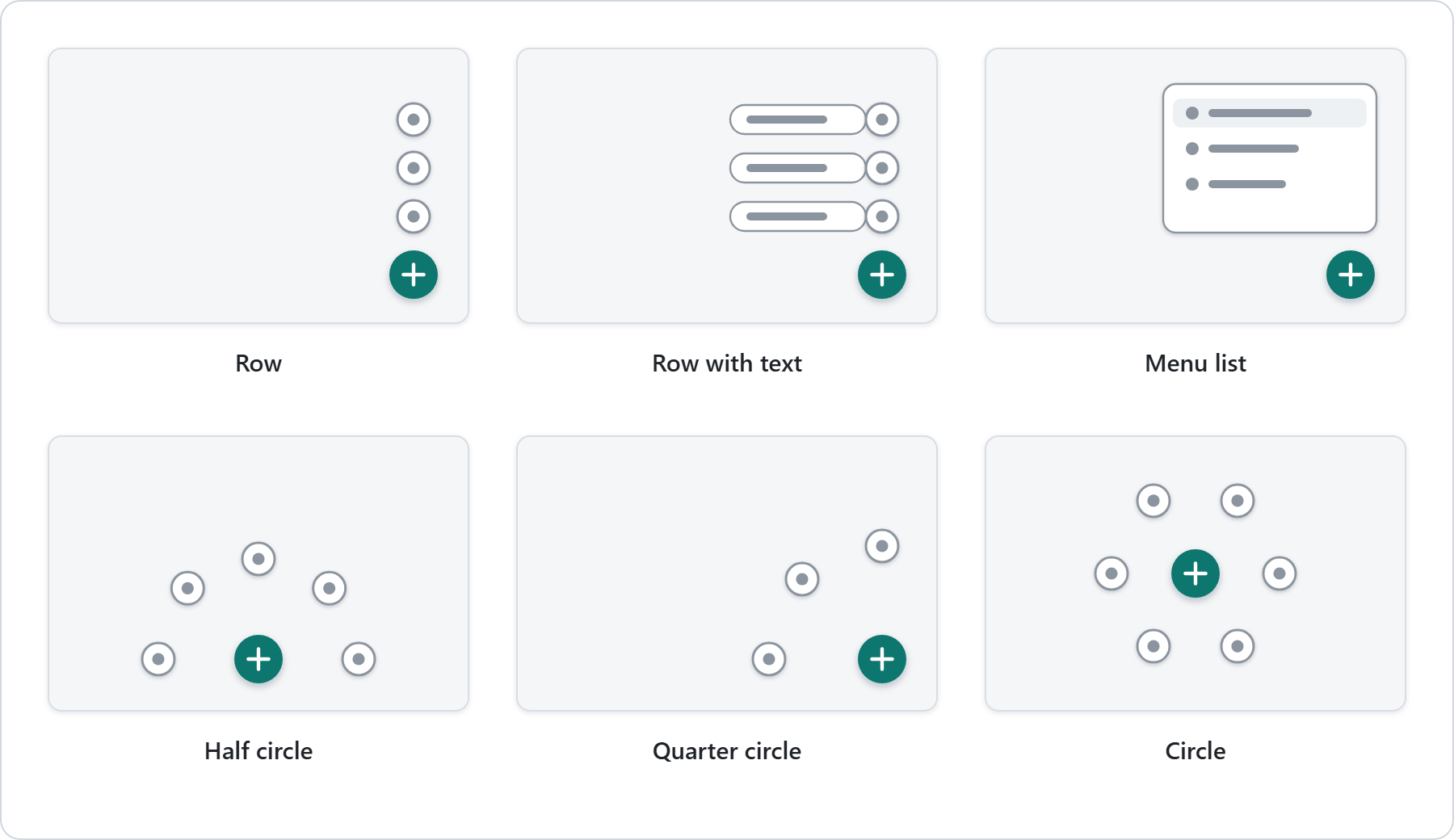 The six styles: row, row with text, menu list, half circle, quarter circle, circle
