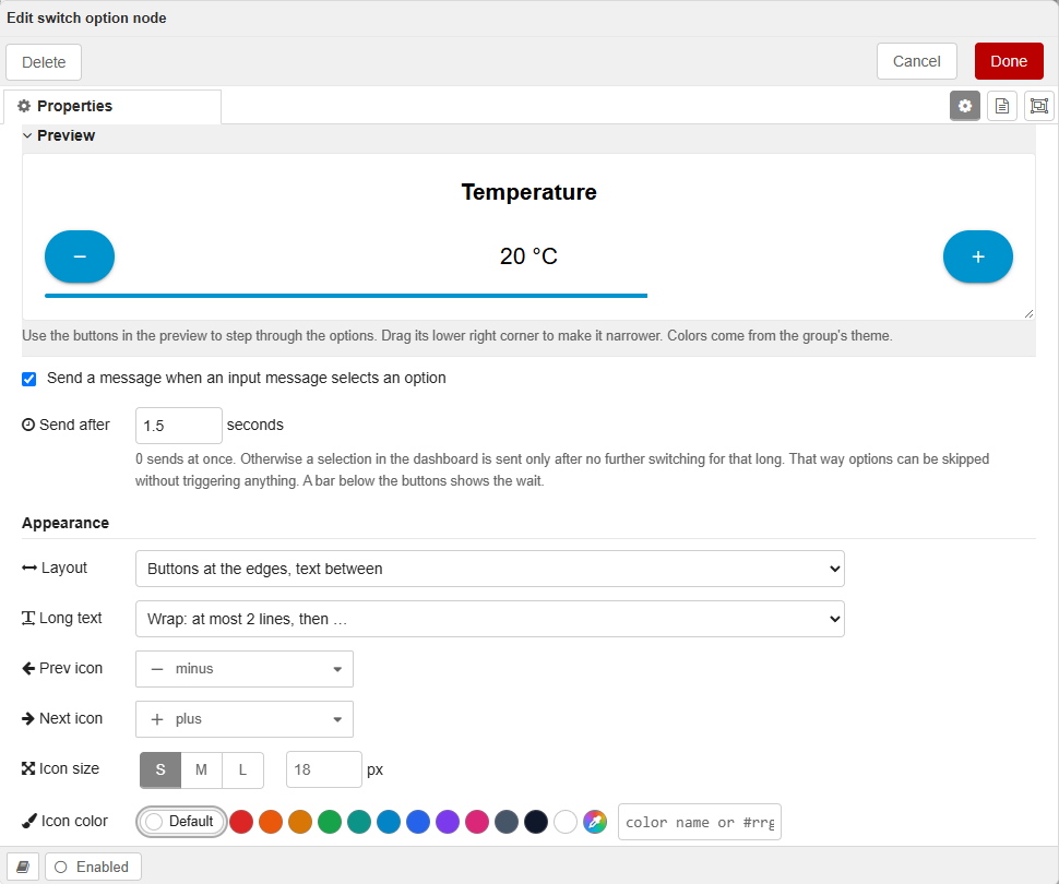 The editor of the "Temperature" node: the preview at the top shows round minus and plus buttons at the edges, "20 °C" and the countdown bar; below it the settings Send after 1.5 seconds, Layout, Long text, icon pickers, icon size S/M/L and color swatches