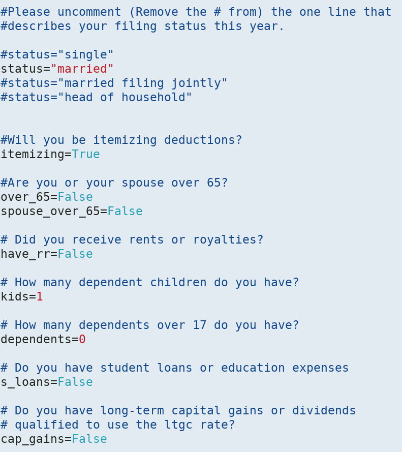 An interview form, actually a standard Python file with assignments like `status="married"` and `over_65=False`