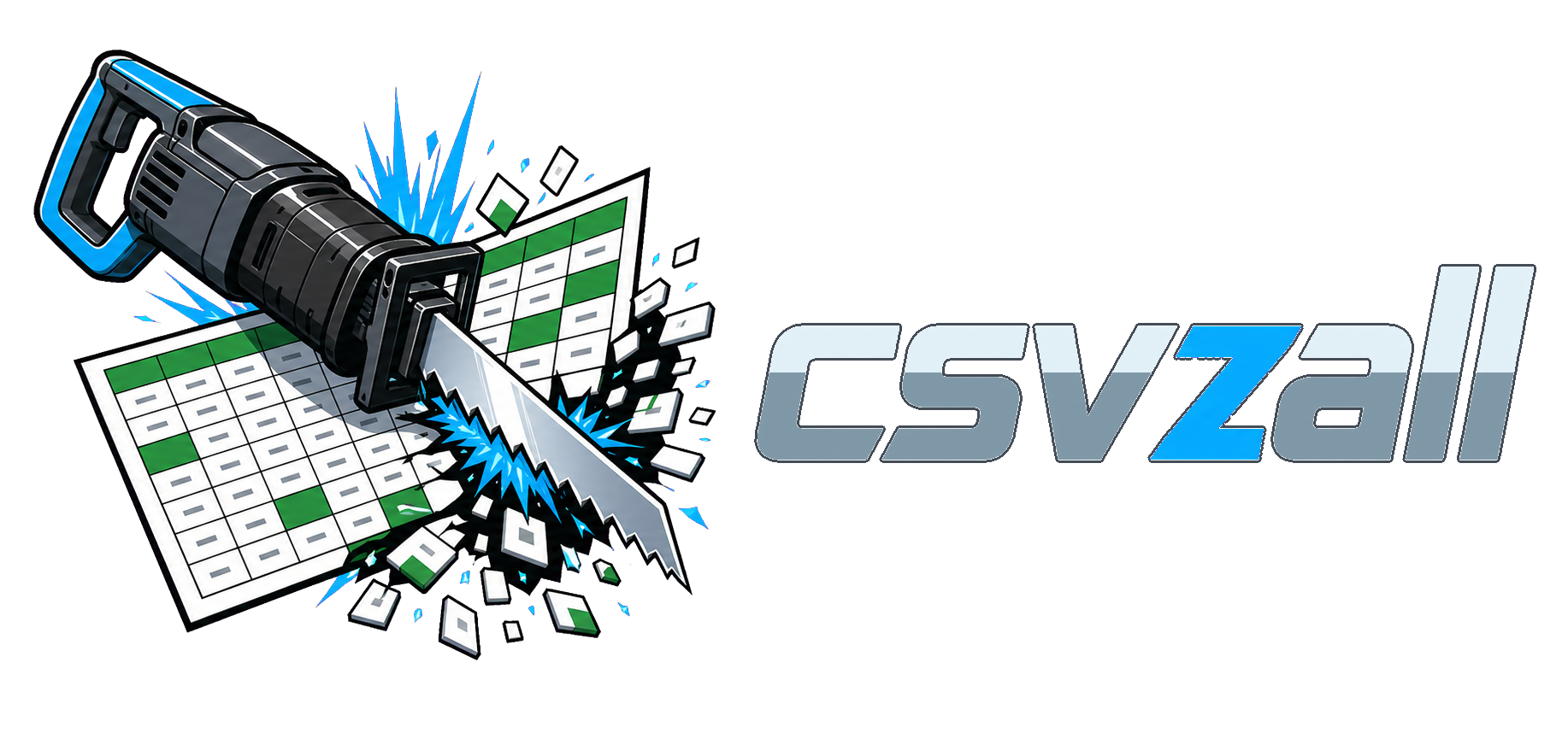 csvzall logo: a reciprocating saw cutting through a spreadsheet
