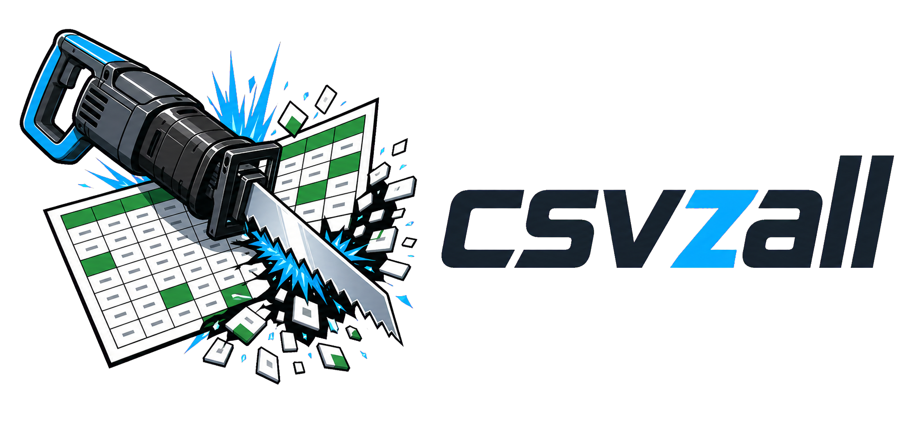 csvzall logo: a reciprocating saw cutting through a spreadsheet