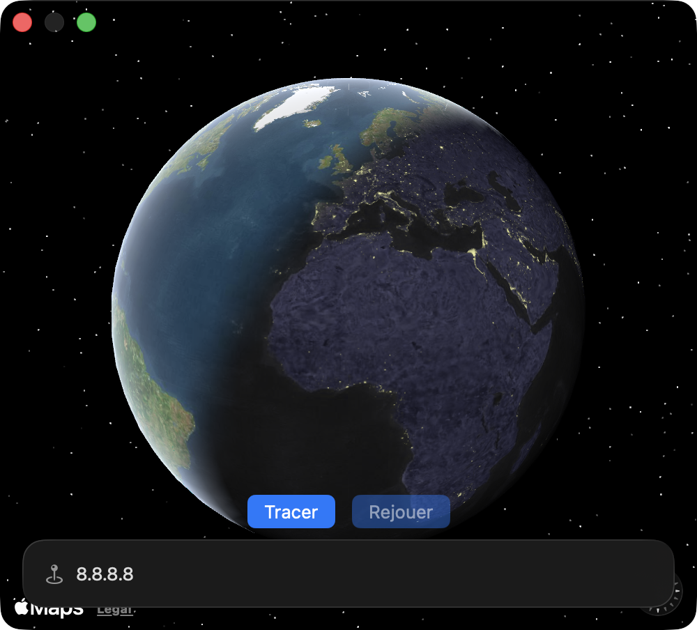 NetCheck animated 3D-globe traceroute flying from space to each network hop