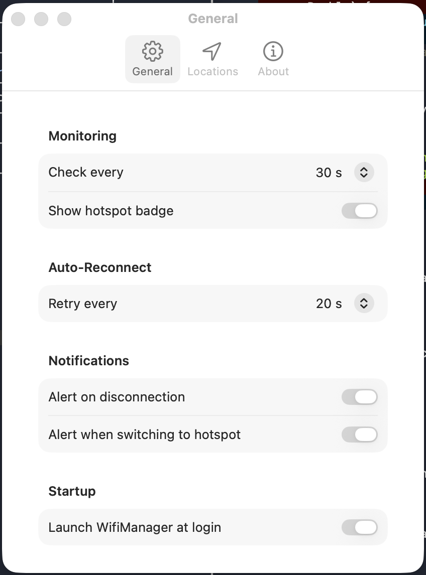 WifiManager Preferences window