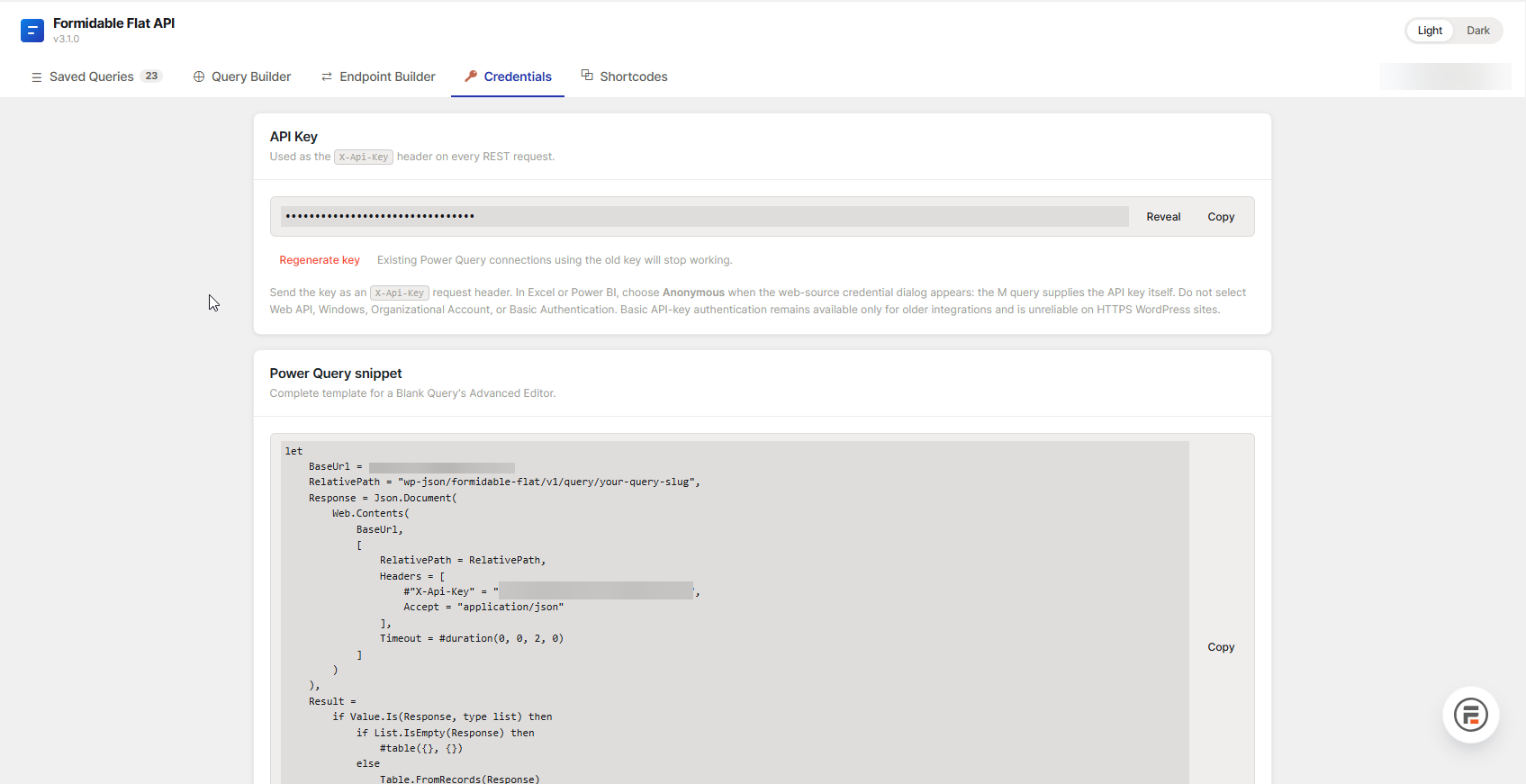 Formidable Flat API — Credentials tab, showing the API key field and a complete Power Query M snippet ready to paste into a Blank Query's Advanced Editor