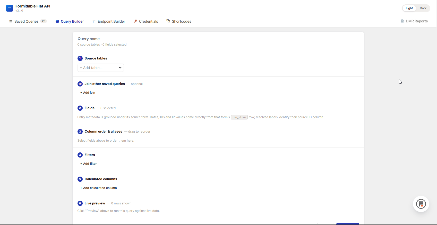 Formidable Flat API — the Query Builder, showing the numbered Source tables, join, field-selection, column ordering, filter, calculated-column, and live-preview steps