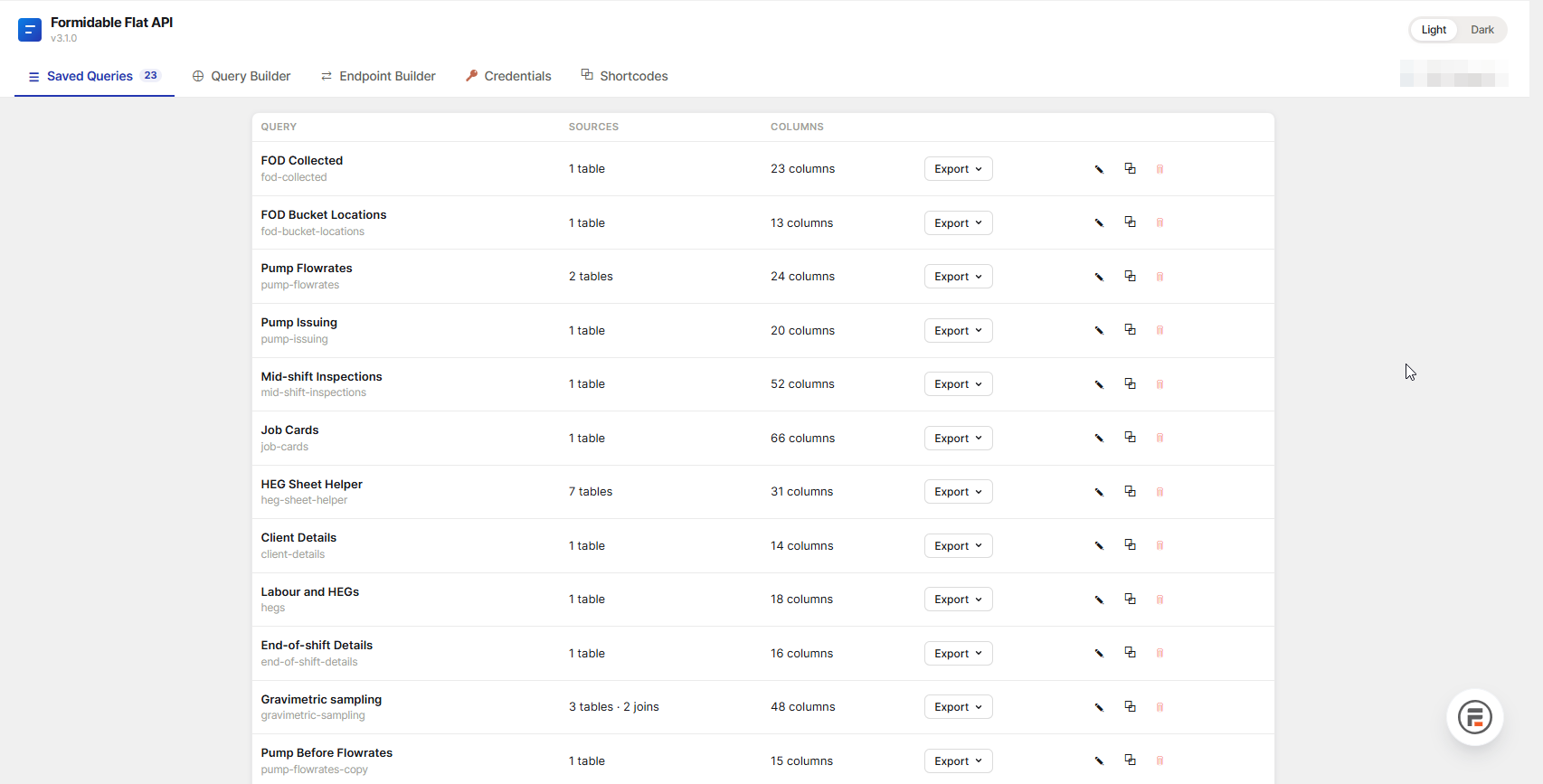 Formidable Flat API — Saved Queries screen, showing the per-query Export menu with Download CSV/Excel, Print, REST endpoint, Power Query, interactive table, and shortcode options