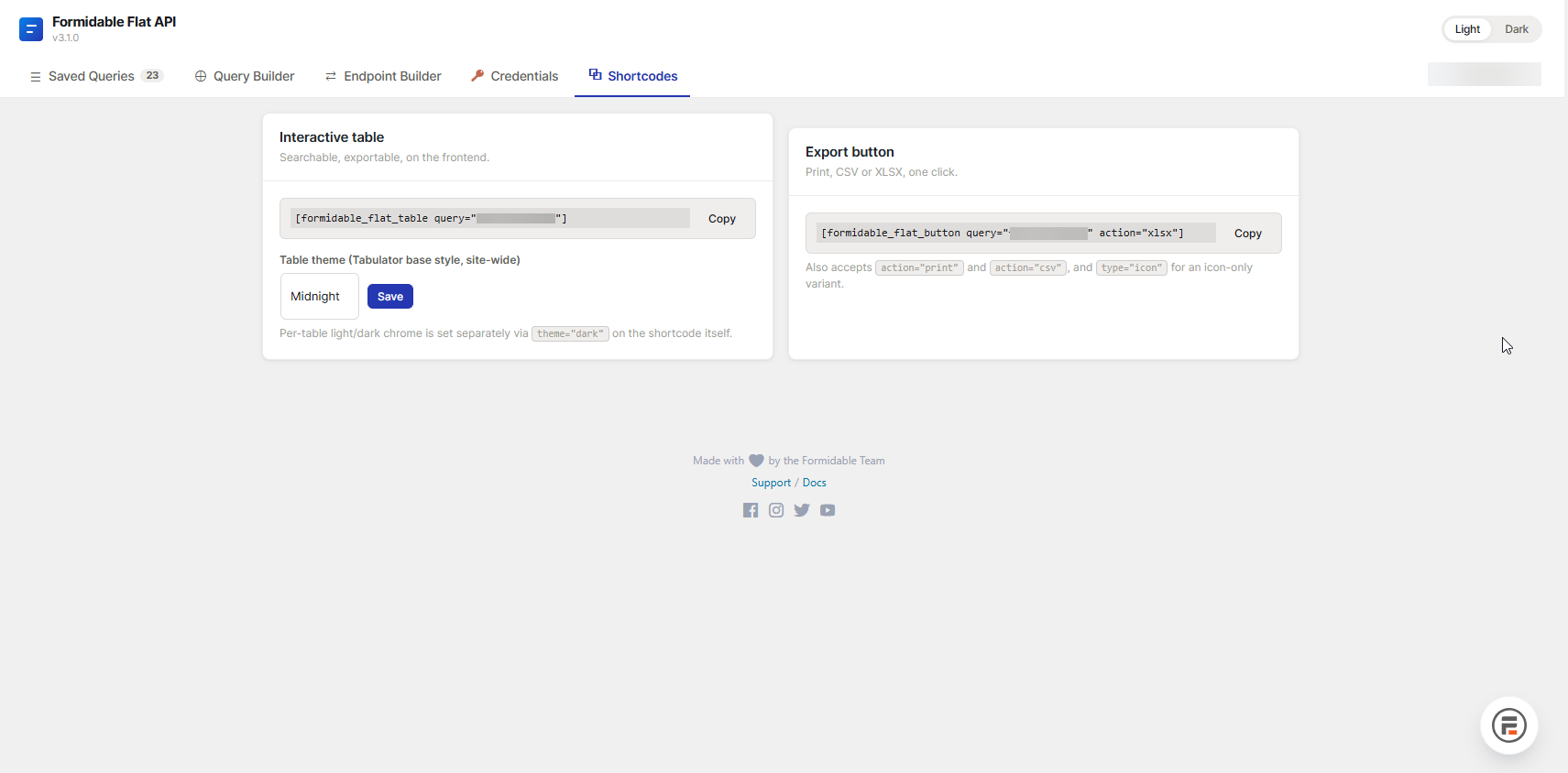 Formidable Flat API — Shortcodes tab, showing ready-to-copy interactive table and export button shortcodes for a saved query