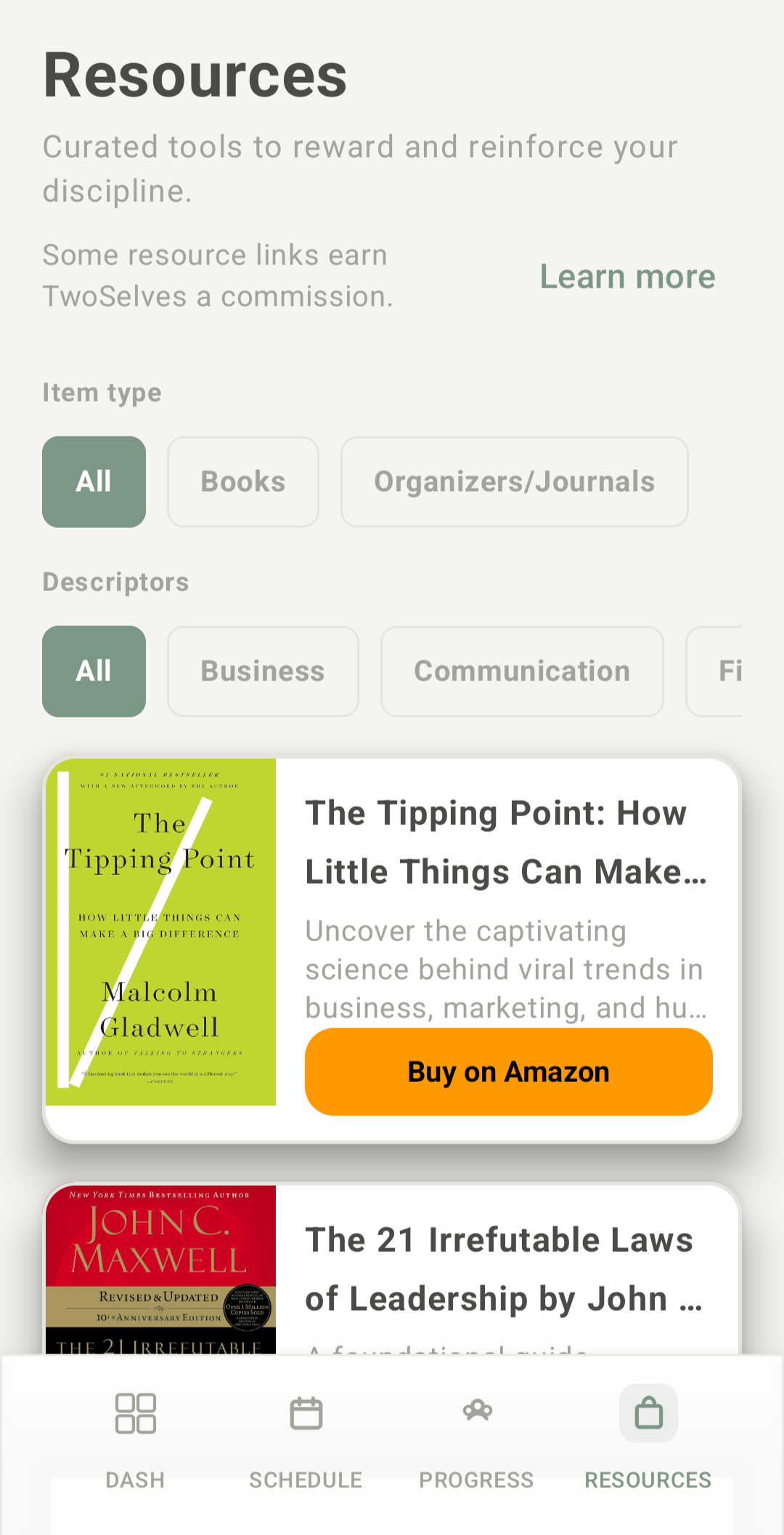 Resources screen showing topic filters, books, and an affiliate-link disclosure.