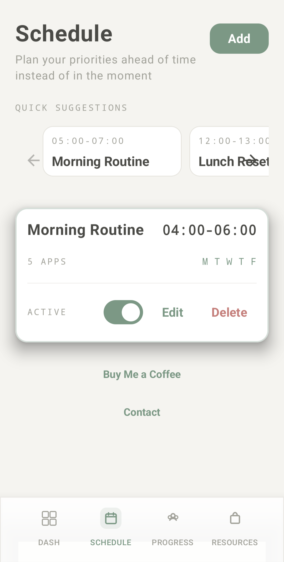 TwoSelves Schedule screen showing a recurring weekday Morning Routine.