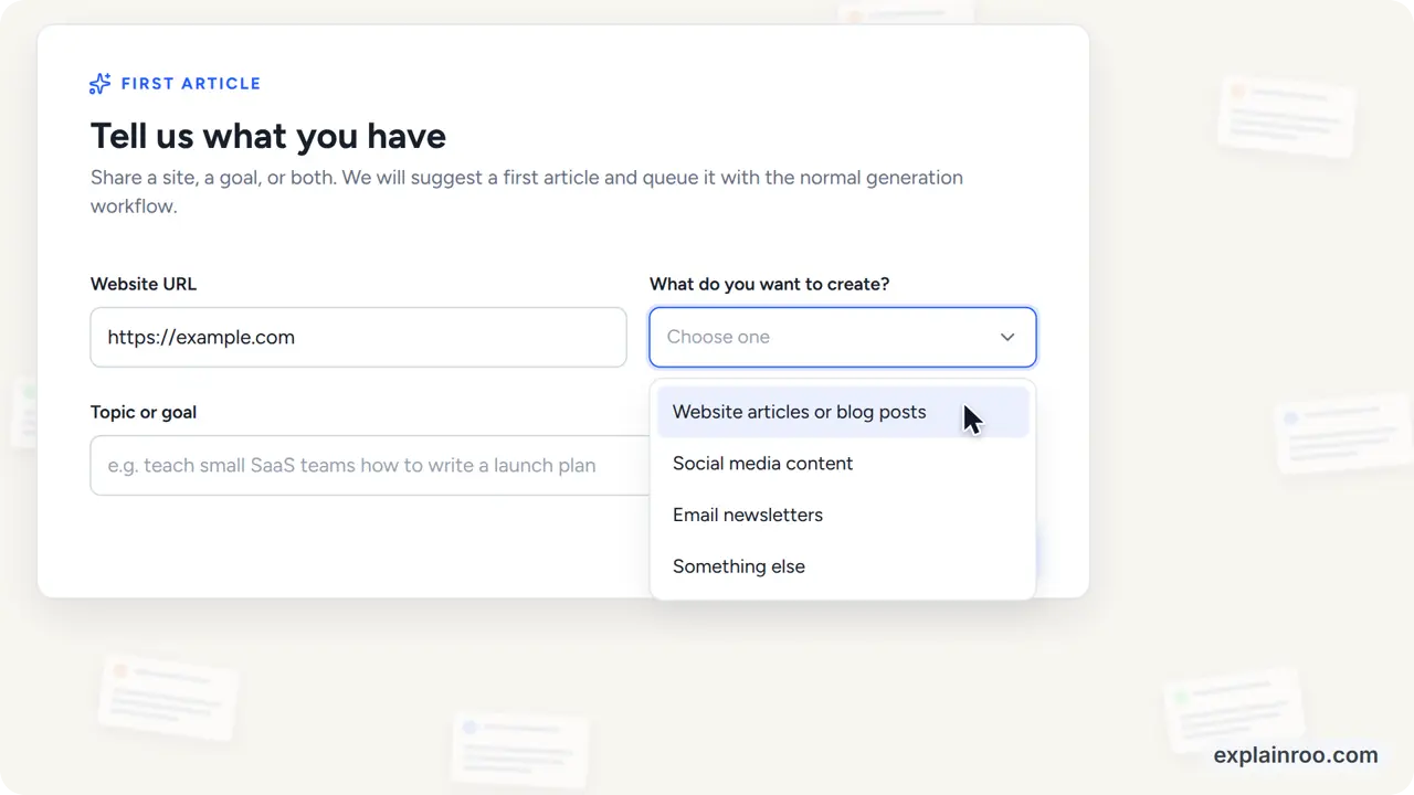 A frame from the Unspar product demo: a form with a website field and an open dropdown