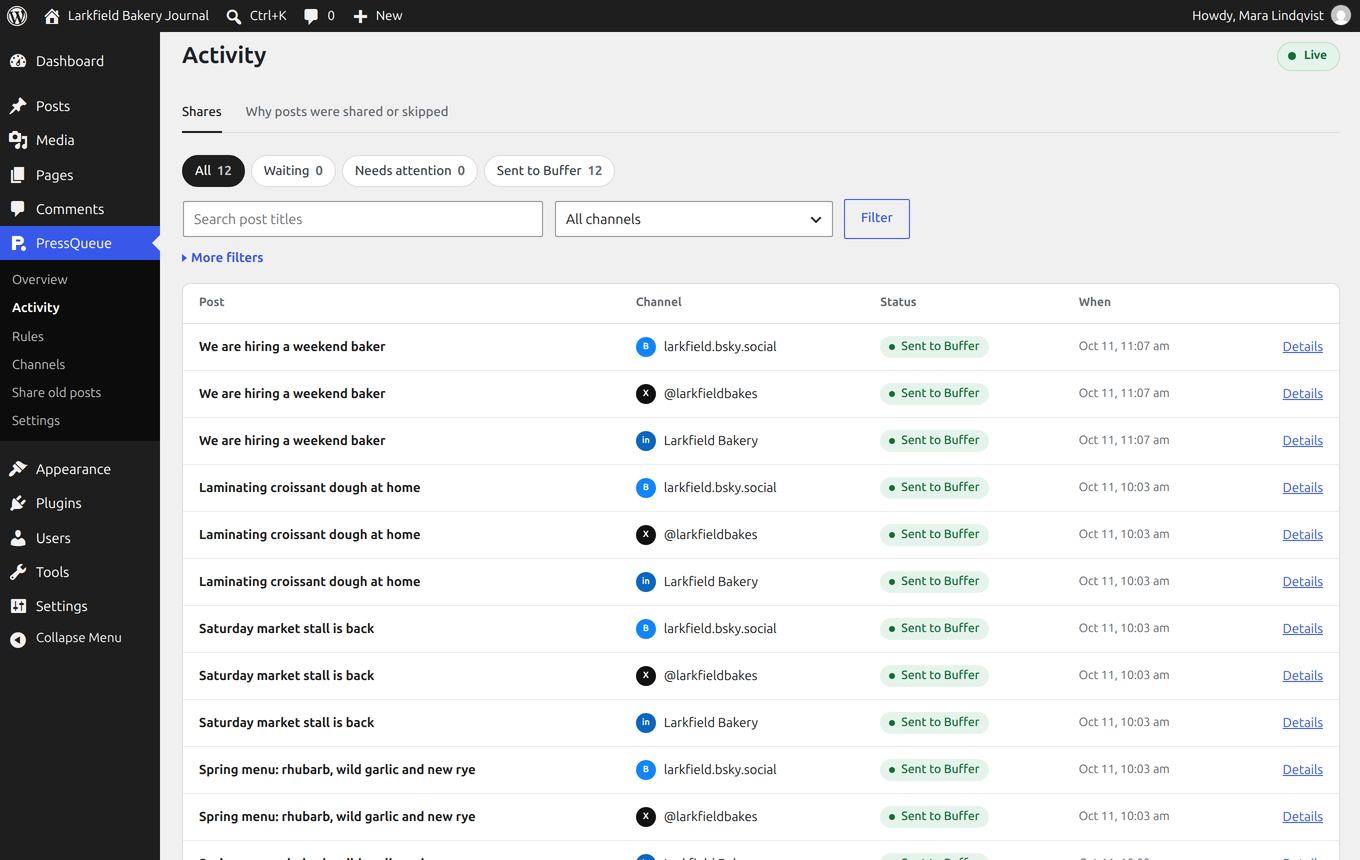 Activity page listing shares sent to Buffer