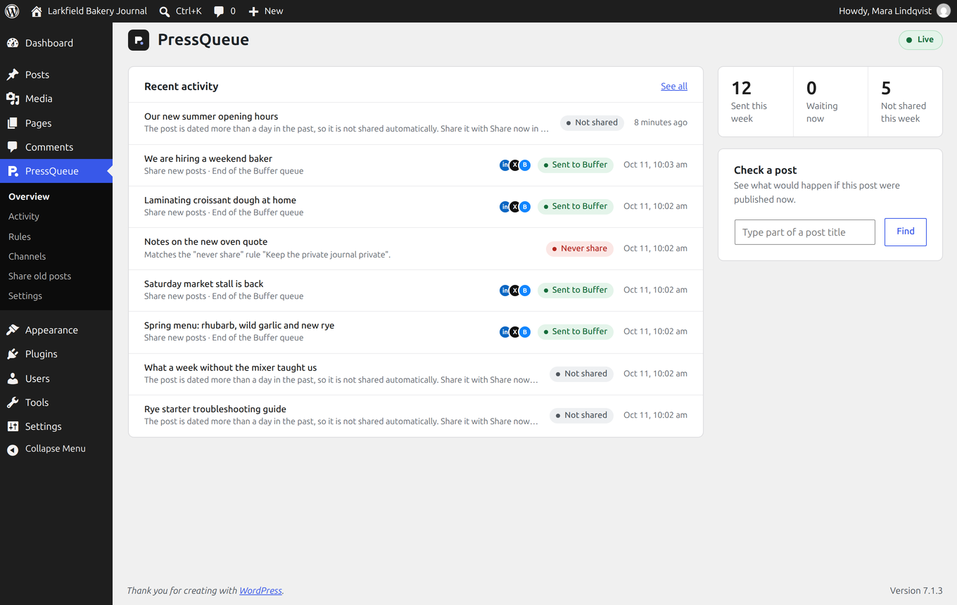 The PressQueue overview in the WordPress admin