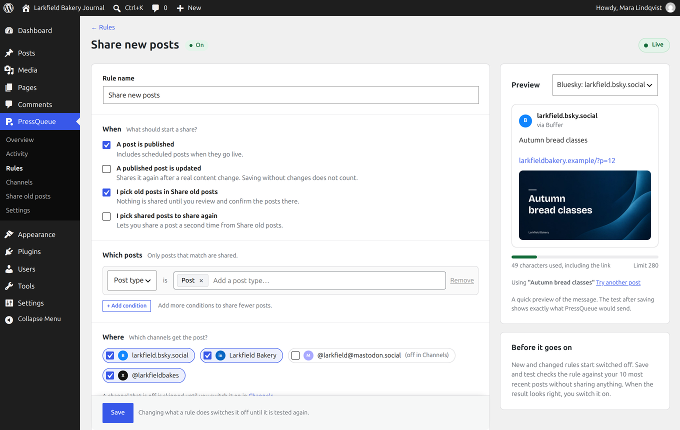Rule editor with conditions, channels and a message preview
